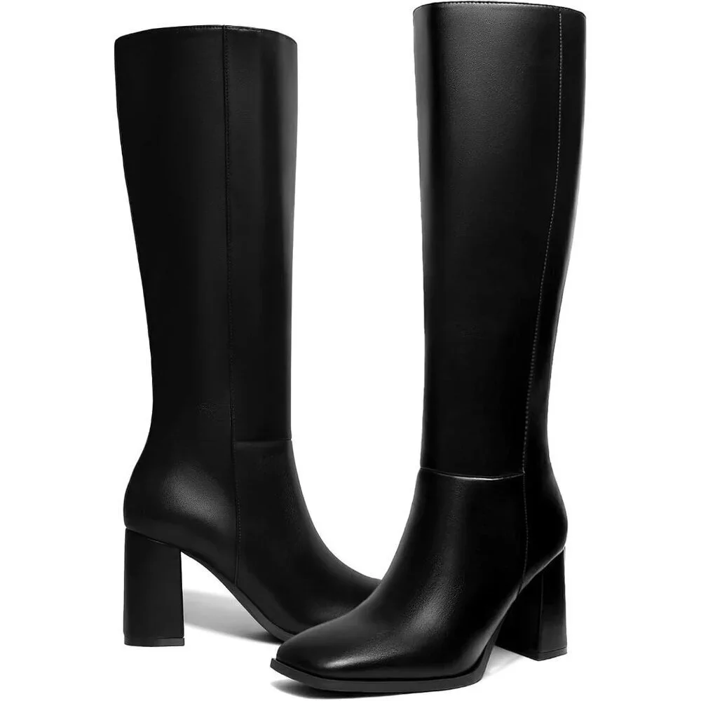 Women's Faux Leather Black Square Toe Side Zipper Chunky Heel Knee High Boots